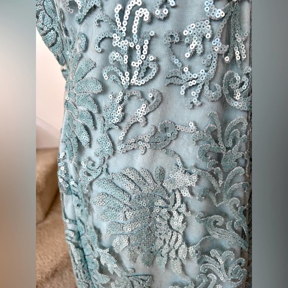 Tadashi Shoji Mint Green Sequin Embroidered Off the Shoulder Gown - Picture 9 of 10